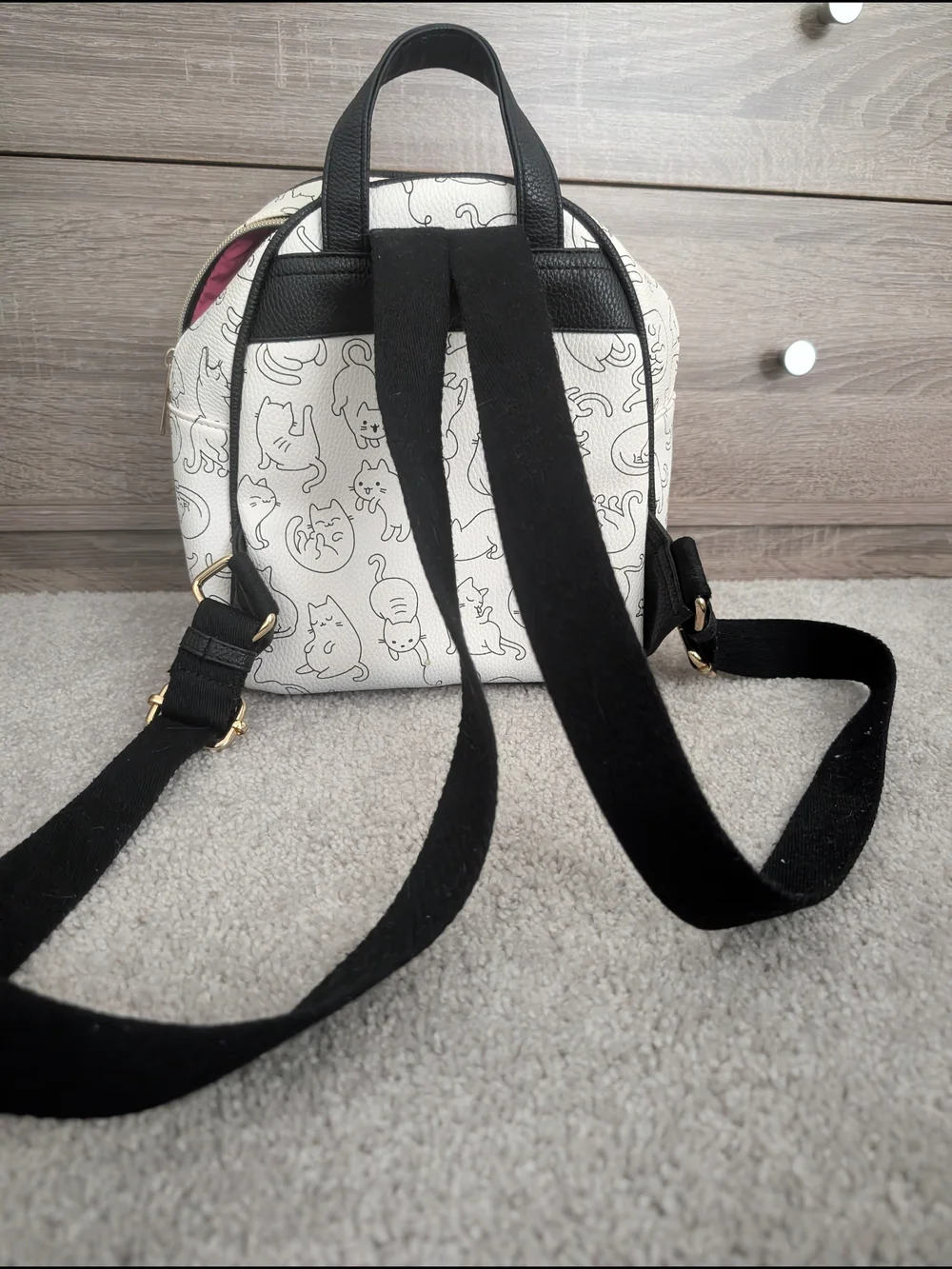 White Mini Kids Backpack with Playful Cat Print